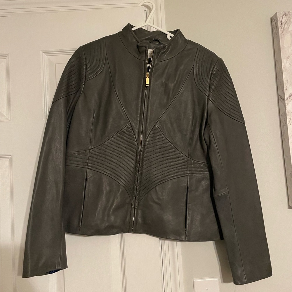 Tahari Women's Leather Jacket - Gray - Size Large